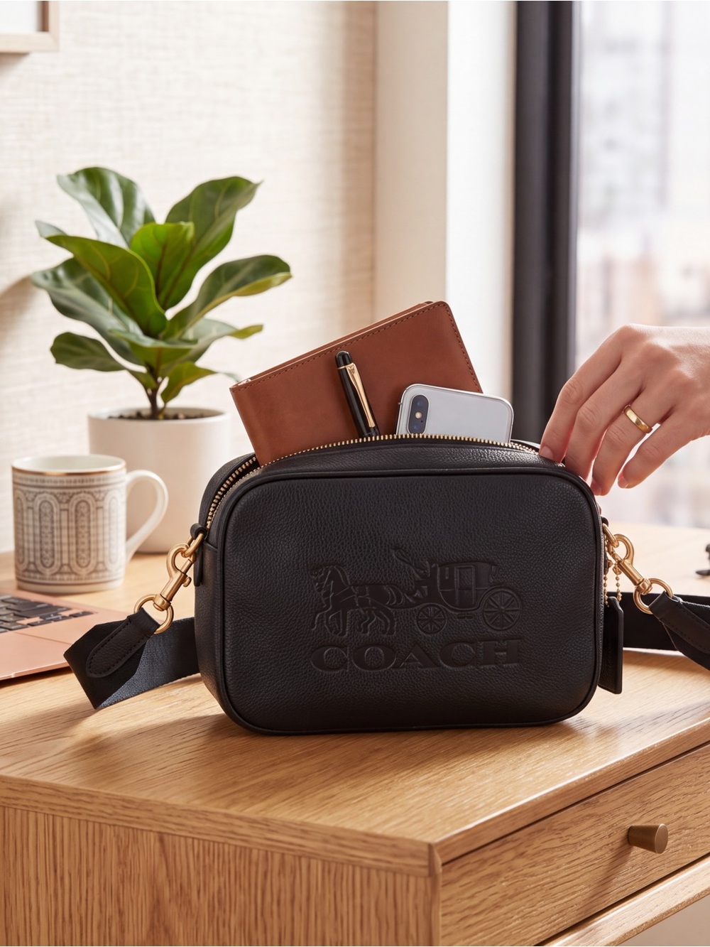 Coach Black Pebbled Leather Belt Bag with Embossed Horse & Carriage